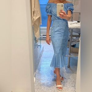 Saloni off the shoulder baby blue eyelet dress with ruffle hem.